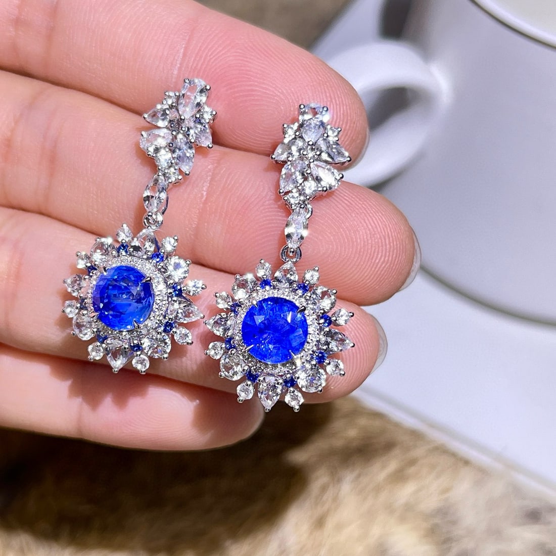 14k Gold 4.14 Ctw Natural Sapphire & Diamond Earrings - 3