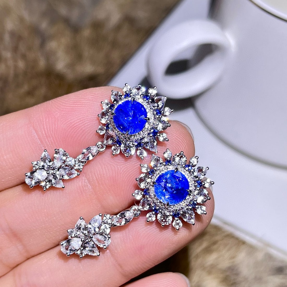14k Gold 4.14 Ctw Natural Sapphire & Diamond Earrings - 4