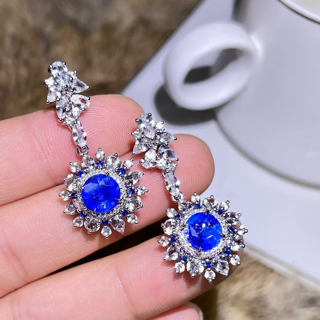 14k Gold 4.14 Ctw Natural Sapphire & Diamond Earrings - 5