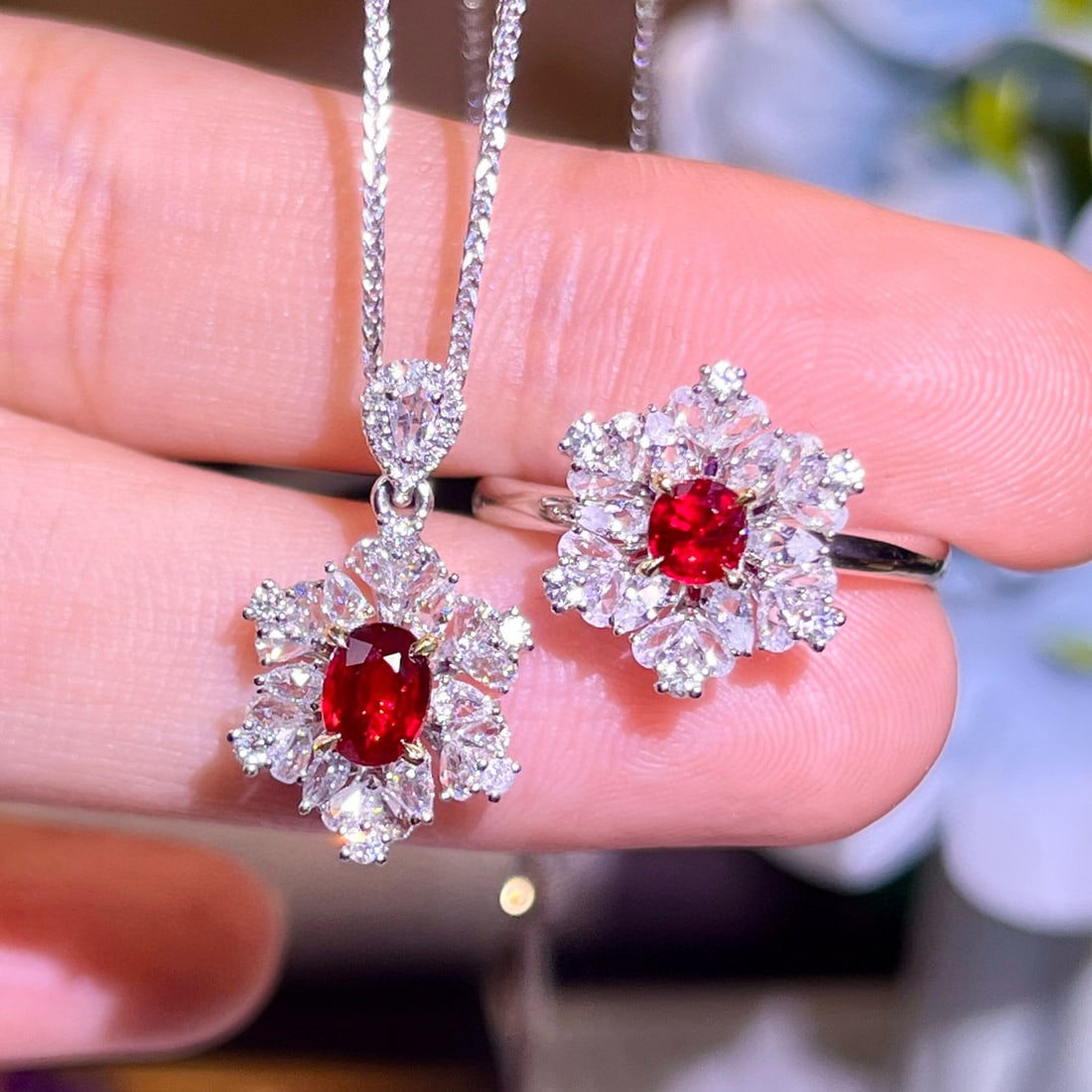 14k Gold 0.95 Ct Natural Ruby & Diamond Jewelry Set: Ref:230984404 // gold content:14k gold // ring size:7. 25us // // pendant(without chain) // main gemstone:ruby // shape:oval // carat weight:0. 63ct // color:pigeonblood red // treatment:natural // //