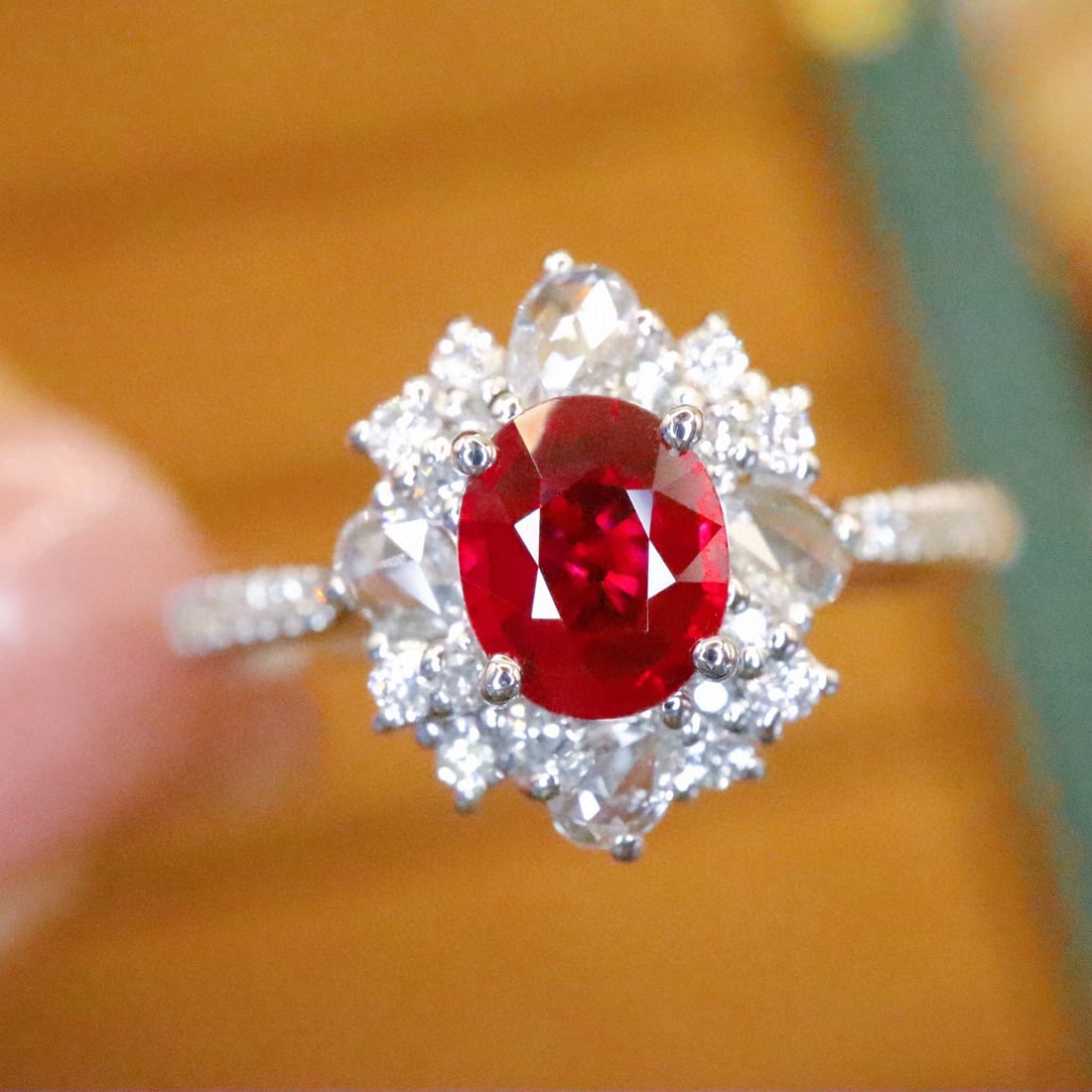 14k Gold 0.83 Ctw Natural Ruby & Diamond Ring: Ref:230984406 // gold content:14k gold // ring size:7. 25us // // main gemstone:ruby // shape:oval // carat weight:0. 52ct // color:pigeonblood red // treatment:natural // // adjacent gemstone 2 :