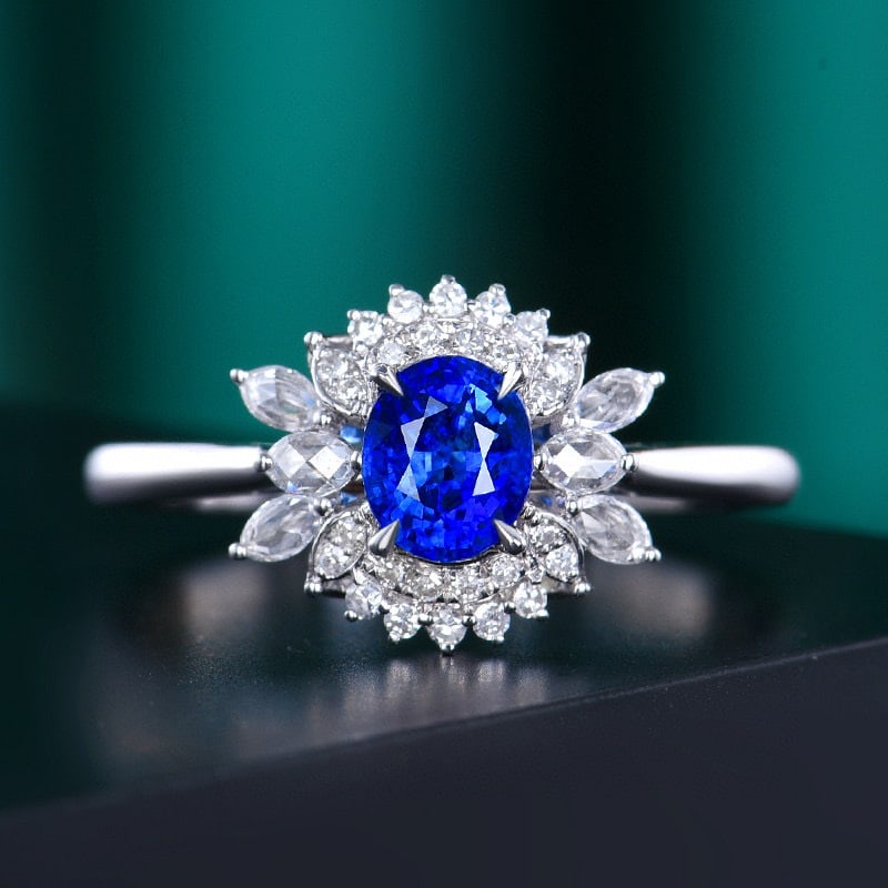 14k Gold 0.89 Ctw Natural Sapphire & Diamond Ring: Ref:230984408 // gold content:14k gold // ring size:7. 25us // // main gemstone:sapphire // shape:oval // carat weight:0. 69ct // color:royal blue // treatment:natural // // adjacent gemstone 2 :
