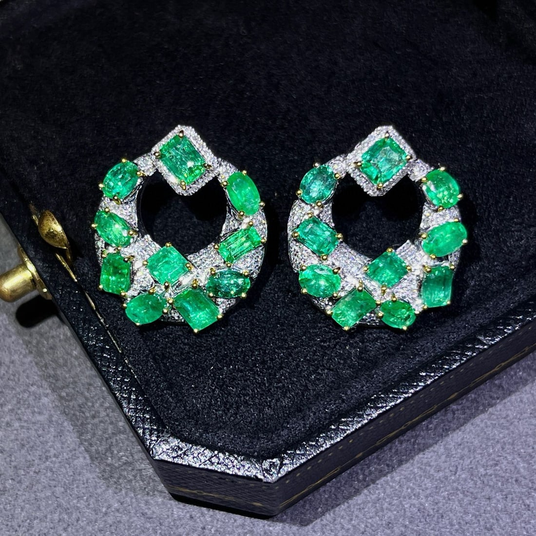 14k Gold 5.41 Ctw Vivid Green Natural Emerald & Diamond Earrings - 7