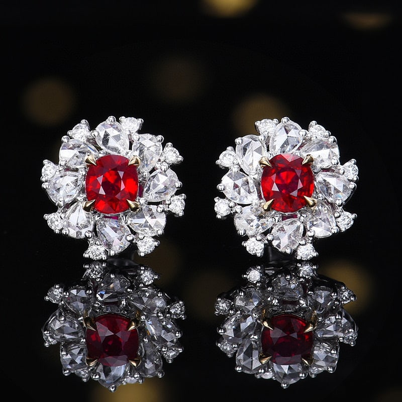 14k Gold 1.20 Ctw Natural Ruby & Diamond Earrings: Ref:230984420 // gold content:14k gold // main gemstone:ruby // shape:oval // carat weight:0. 63ct // color:pigeonblood red // treatment:natural // // adjacent gemstone 2 : diamond // number of stones