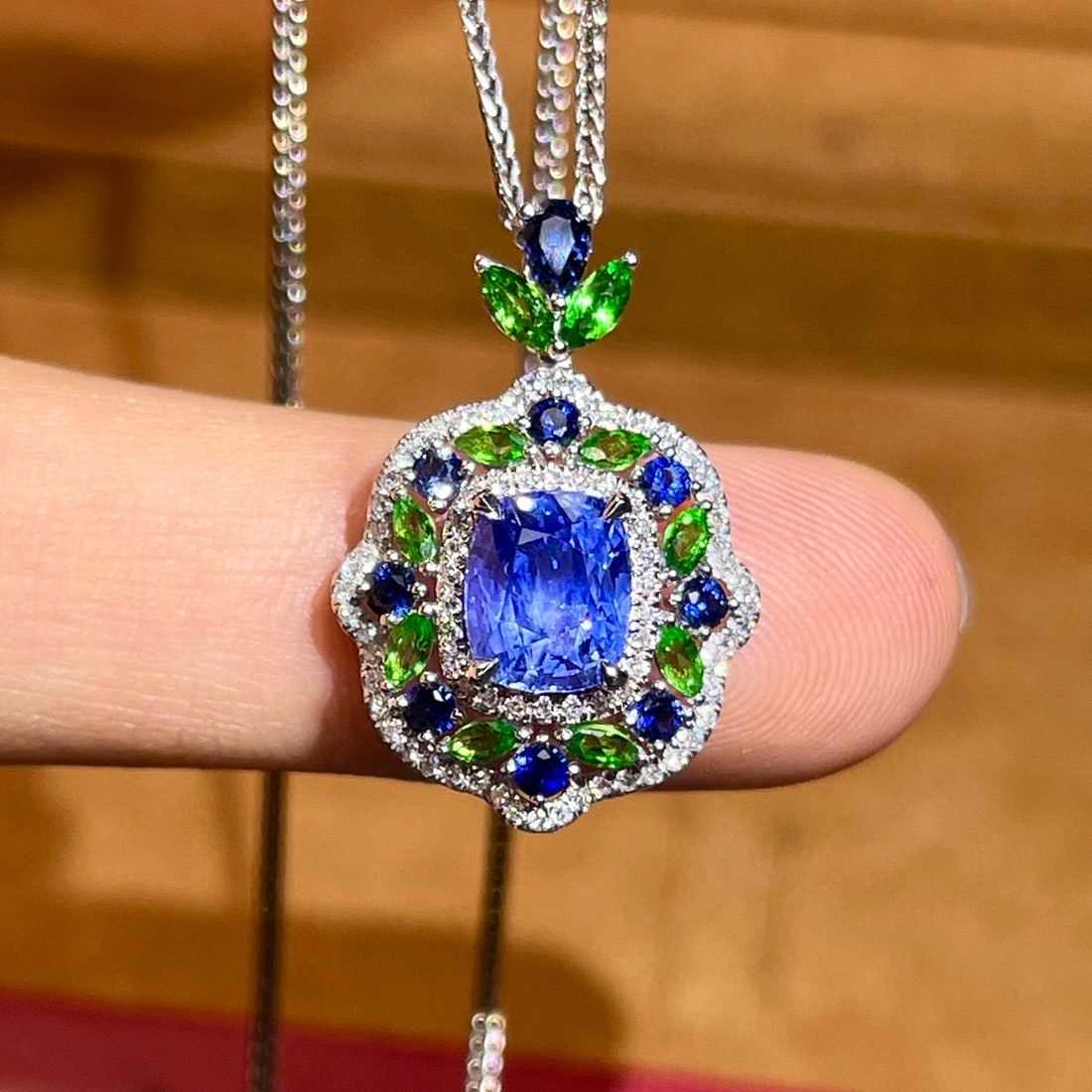 14k Gold 2.49 Ctw Natural Sapphire & Diamond Pendant( Without Chain ): Ref:230984434 // gold content:14k gold // main gemstone:sapphire // shape:cushion // carat weight:2. 26ct // color:blue // treatment:natural // // adjacent gemstone 2 : diamond // number of stones:79