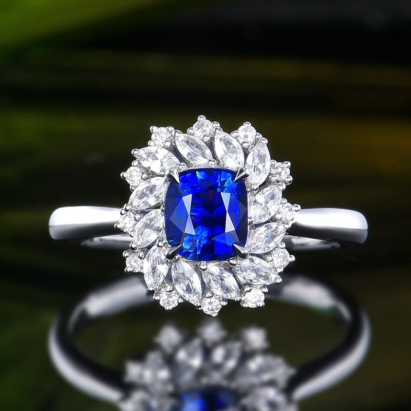 14k Gold 1.07 Ctw Natural Sapphire & Diamond Ring: Ref:230984435 // gold content:14k gold // ring size:7. 25us // // main gemstone:sapphire // shape:cushion // carat weight:0. 97ct // color:royal blue // treatment:natural // // adjacent gemstone 2 :