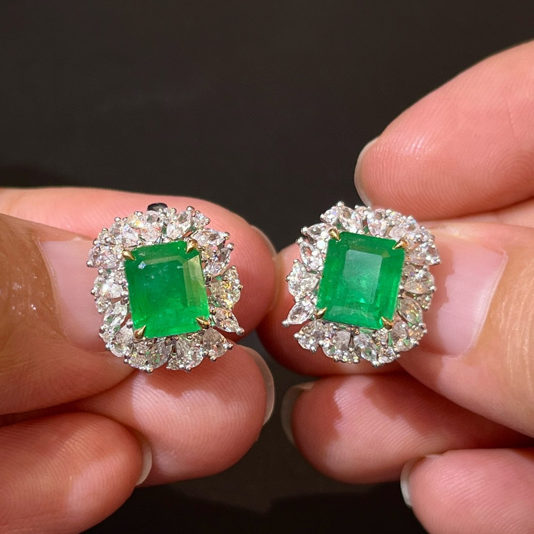 14k Gold 4.19 Ctw Vivid Green Natural Emerald & Diamond Earrings - 5