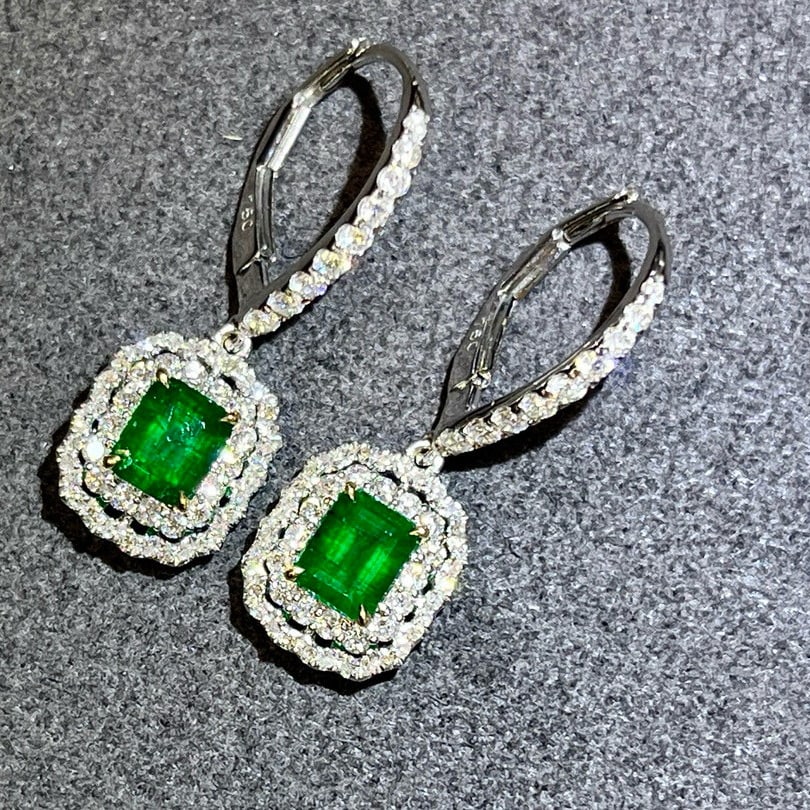 14k Gold 1.88 Ctw Vivid Green Natural Emerald & Diamond Earrings - 2