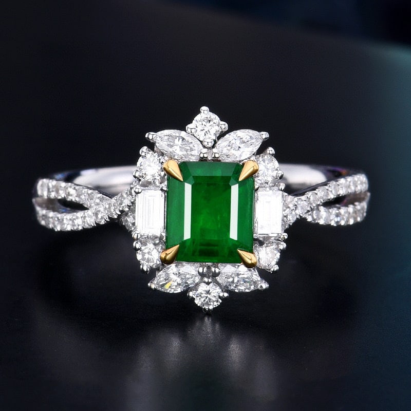 14k Gold 1.18 Ctw Vivid Green Natural Emerald & Diamond Ring: Ref:230984446 // gold content:14k gold // ring size:7. 25us // // main gemstone:emerald // shape:octagonal // carat weight:0. 66ct // color:vivid green // treatment:natural // // adjacent gemstone 2