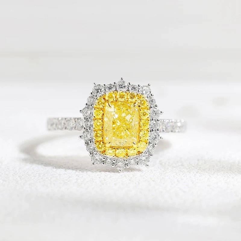 14k Gold 1.59 Ctw Natural Yellow Diamond & Diamond Ring: Ref:230985001 // gold content:14k gold // ring size:7. 25us // // main gemstone:yellow diamond // shape:cushion // carat weight:1. 01ct // color:yellow // treatment:natural // // adjacent gemstone 2