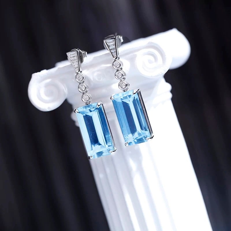 14k Gold 6.6 Ctw Natural Aquamarine & Diamond Earrings - 2