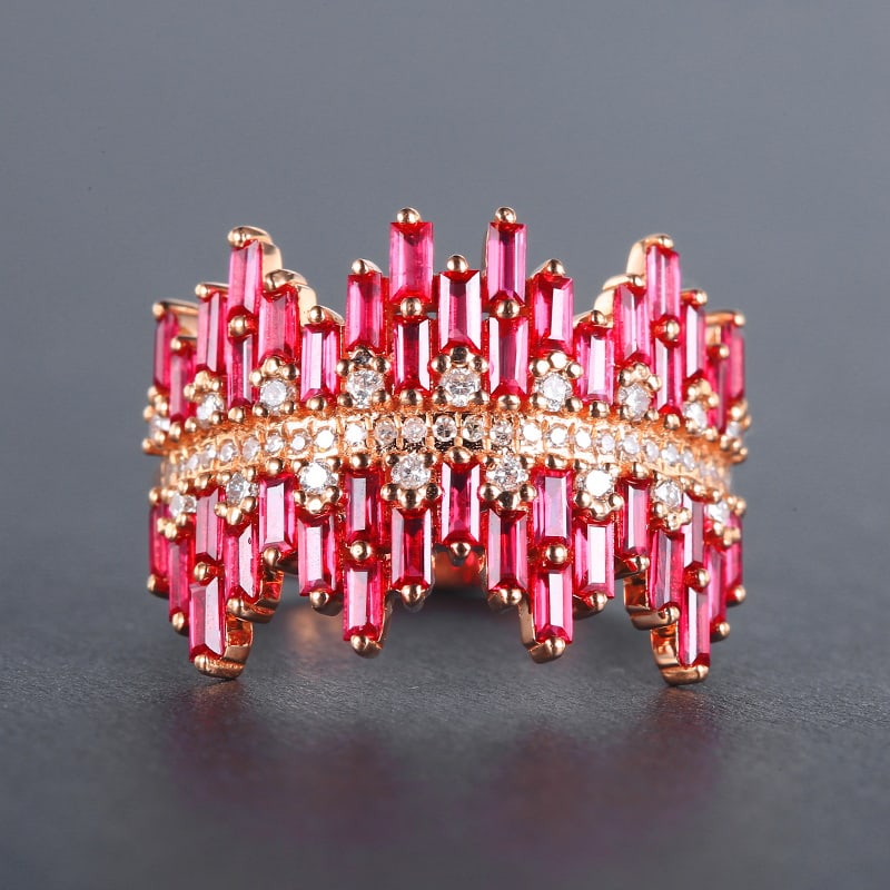 14k Gold 1.55 Ctw Natural Ruby & Diamond Ring: Ref:230985008 // gold content:14k gold // ring size:7. 25us // // main gemstone:ruby // shape:baguette // carat weight:1. 3ct // color:red // treatment:natural // // adjacent gemstone 2 : diamond //