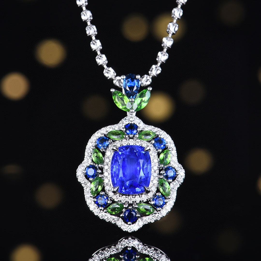 14k Gold 2.49 Ctw Natural Sapphire & Diamond Pendant( Without Chain ): Ref:230985036 // gold content:14k gold // main gemstone:sapphire // shape:cushion // carat weight:2. 26ct // color:blue // treatment:natural // // adjacent gemstone 2 : diamond // number of stones:79