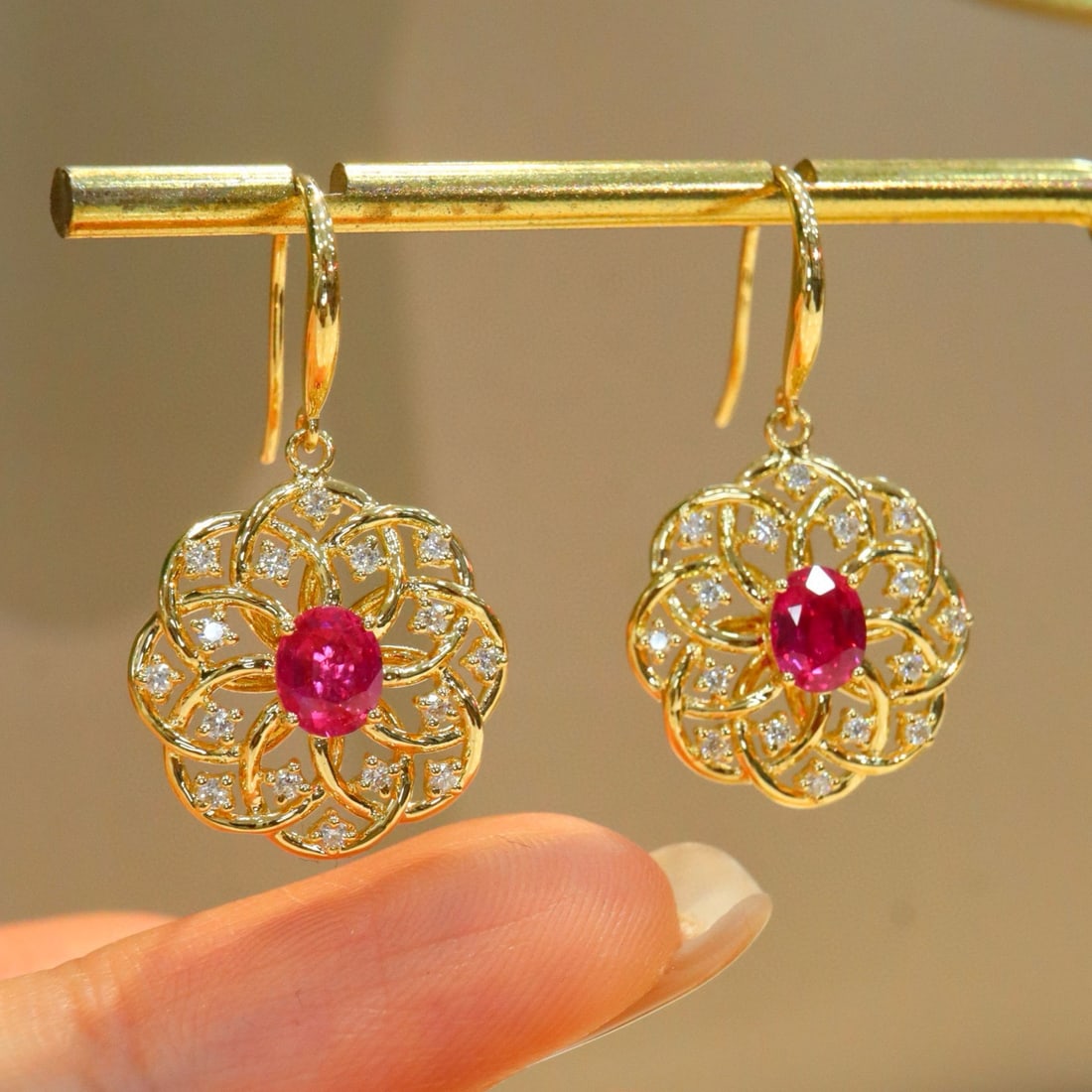14k Gold 1.52 Ctw Natural Ruby & Diamond Earrings - 2