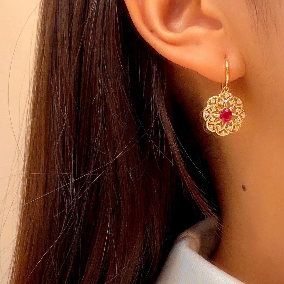 14k Gold 1.52 Ctw Natural Ruby & Diamond Earrings - 3