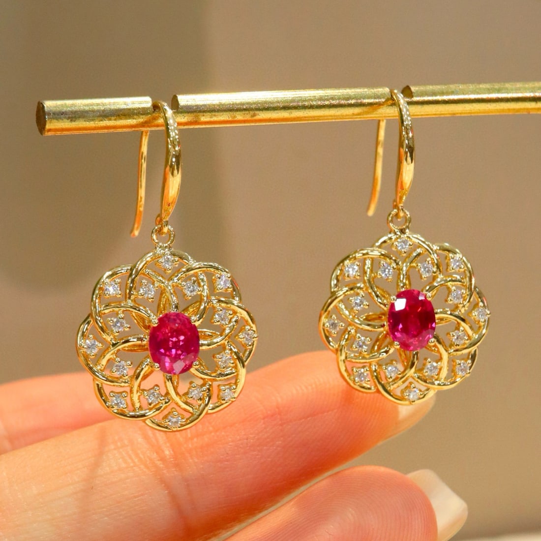 14k Gold 1.52 Ctw Natural Ruby & Diamond Earrings - 5