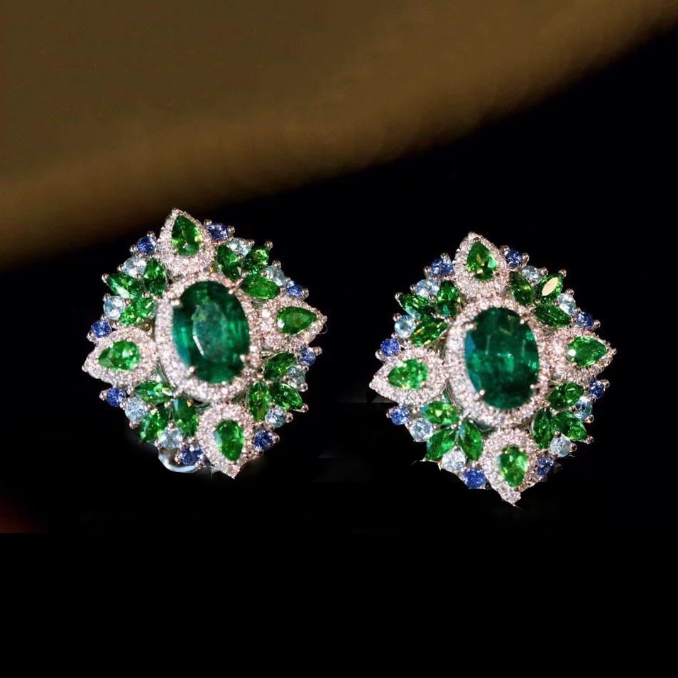 14k Gold 3.7 Ctw Natural Emerald & Diamond Earrings: Ref:230985043 // gold content:14k gold // main gemstone:emerald // shape:oval // carat weight:1. 5ct // color:green // treatment:natural // // adjacent gemstone 2 : diamond & coloured gemstone //