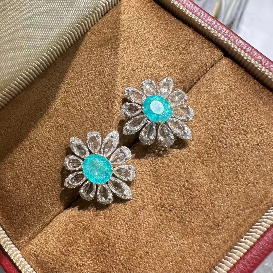 14k Gold 1.3 Ct Natural Paraiba Tourmaline & Sapphire & Diamond Earrings - 3