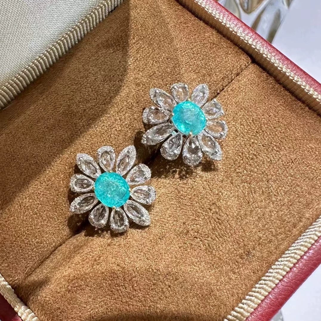 14k Gold 1.3 Ct Natural Paraiba Tourmaline & Sapphire & Diamond Earrings - 4