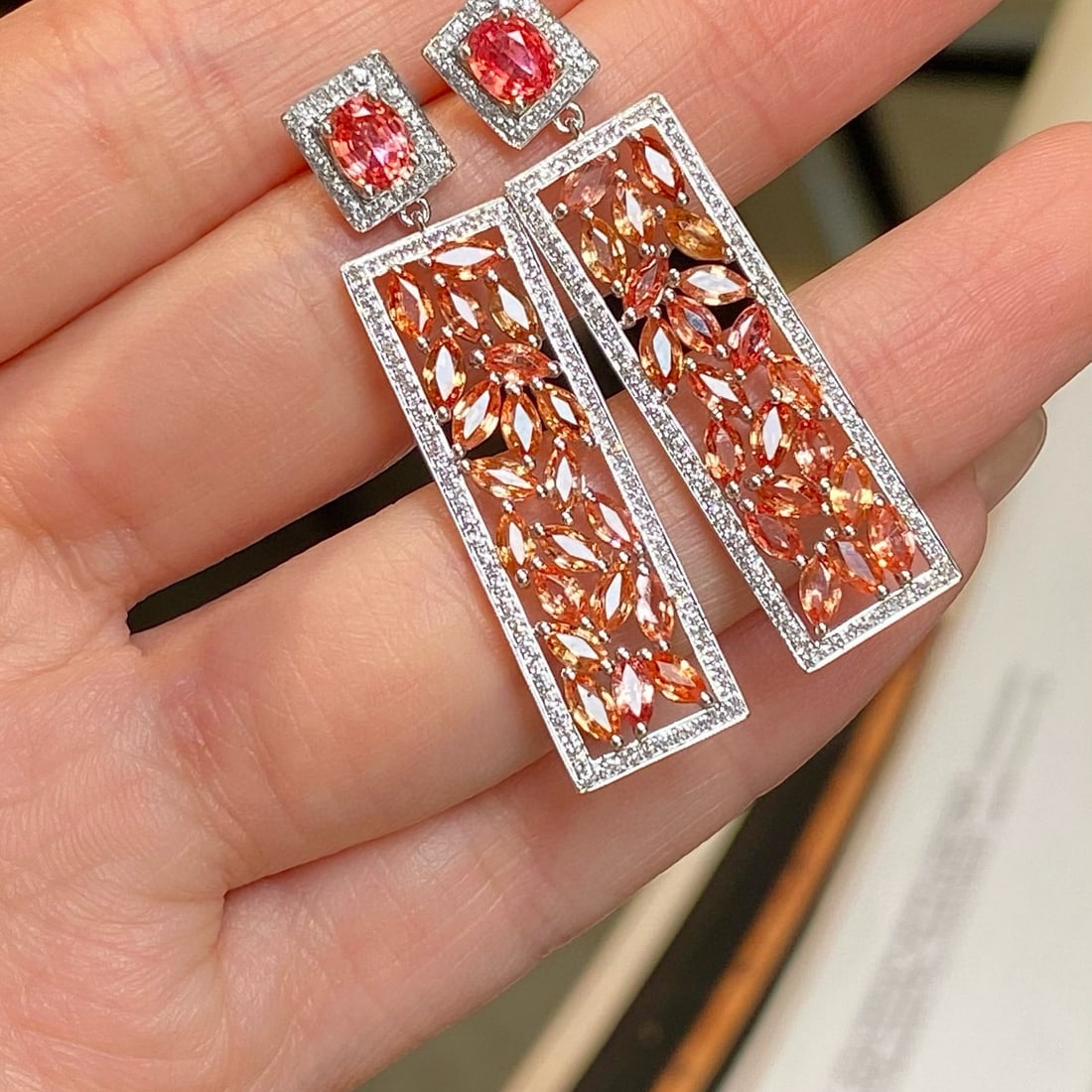 14k Gold 4.74 Ctw Natural Padparadscha Sapphire & Padparadscha Sapphire Earrings - 4