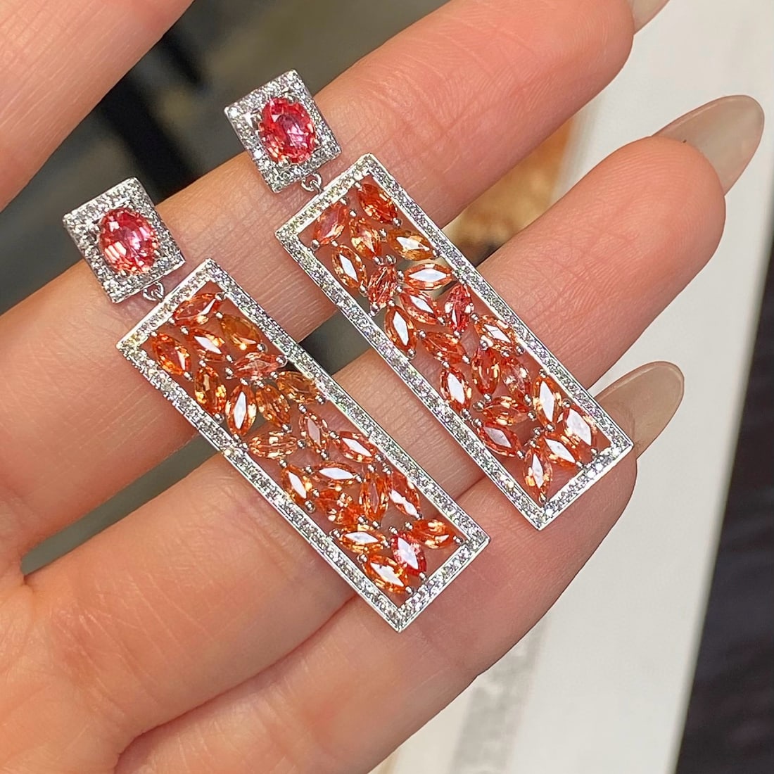 14k Gold 4.74 Ctw Natural Padparadscha Sapphire & Padparadscha Sapphire Earrings - 5