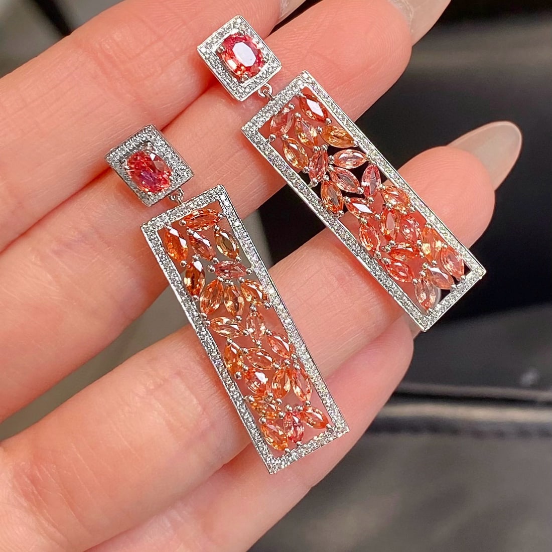 14k Gold 4.74 Ctw Natural Padparadscha Sapphire & Padparadscha Sapphire Earrings - 6
