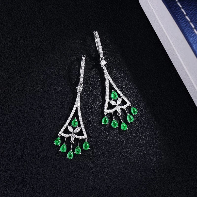 14k Gold 1.66 Ct Natural Emerald & Diamond Earrings - 2