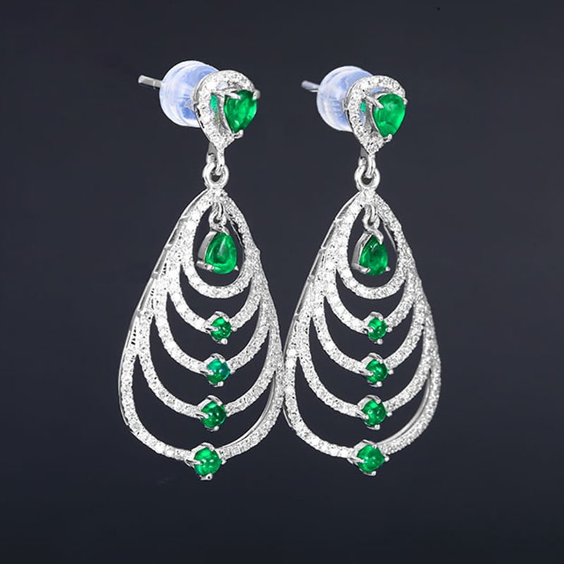14k Gold 1.56 Ctw Natural Emerald & Diamond Earrings - 2