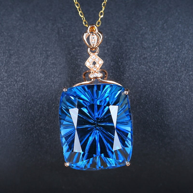 14k Gold 25.6 Ct Natural Topaz & Diamond Pendant( Without Chain ): Ref:230985091 // gold content:14k gold // main gemstone:topaz // shape:cushion // carat weight:25. 6ct // color:blue // treatment:natural // // adjacent gemstone 2 : diamond // shape:round // clarity