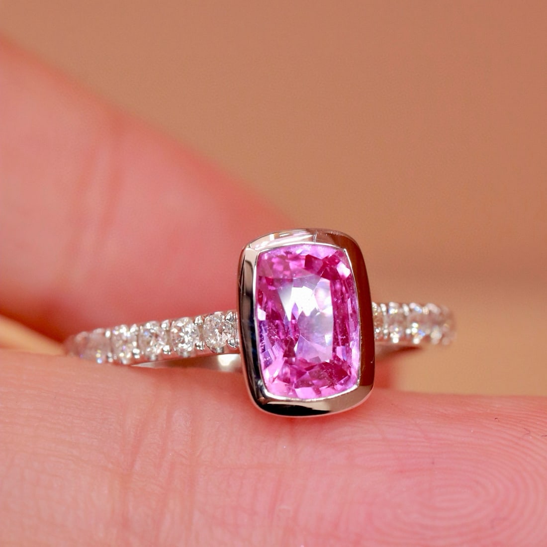 14k Gold 1.34 Ctw Natural Padparadscha Sapphire & Diamond Ring: Ref:230985114 // gold content:14k gold // ring size:7. 25us // // main gemstone:padparadscha sapphire // shape:cushion // carat weight:1. 12ct // color:pink // treatment:natural // // adjacent
