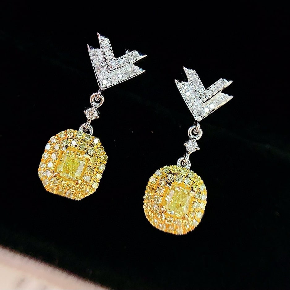 14k Gold 0.75 Ct Natural Yellow Diamond & Diamond Earrings - 2