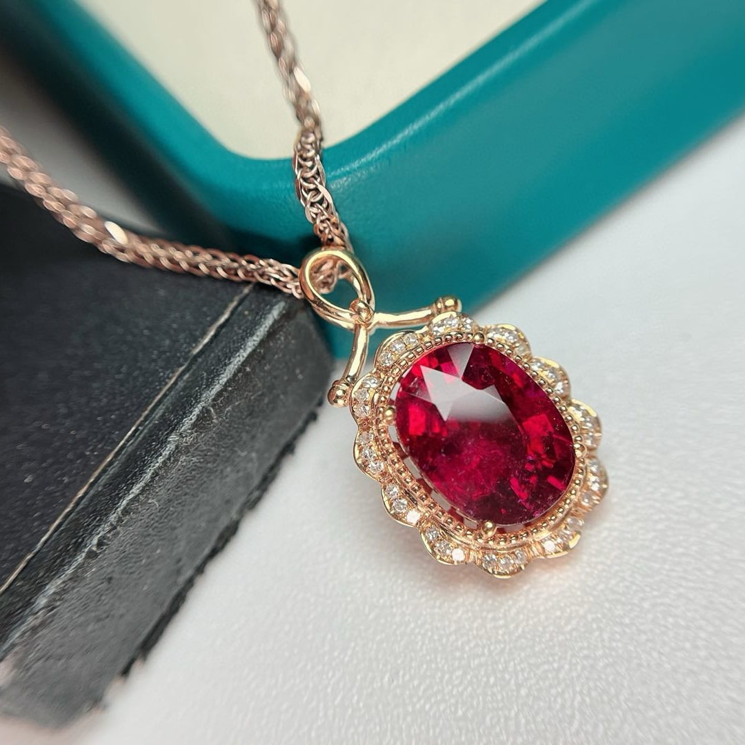 14k Gold 3.9 Ct Natural Tourmaline & Diamond Pendant( Without Chain ) - 2