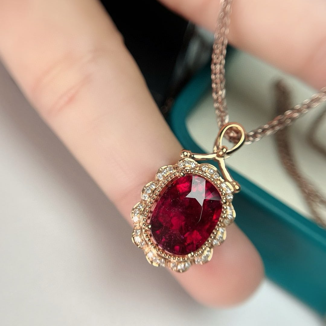 14k Gold 3.9 Ct Natural Tourmaline & Diamond Pendant( Without Chain ) - 5