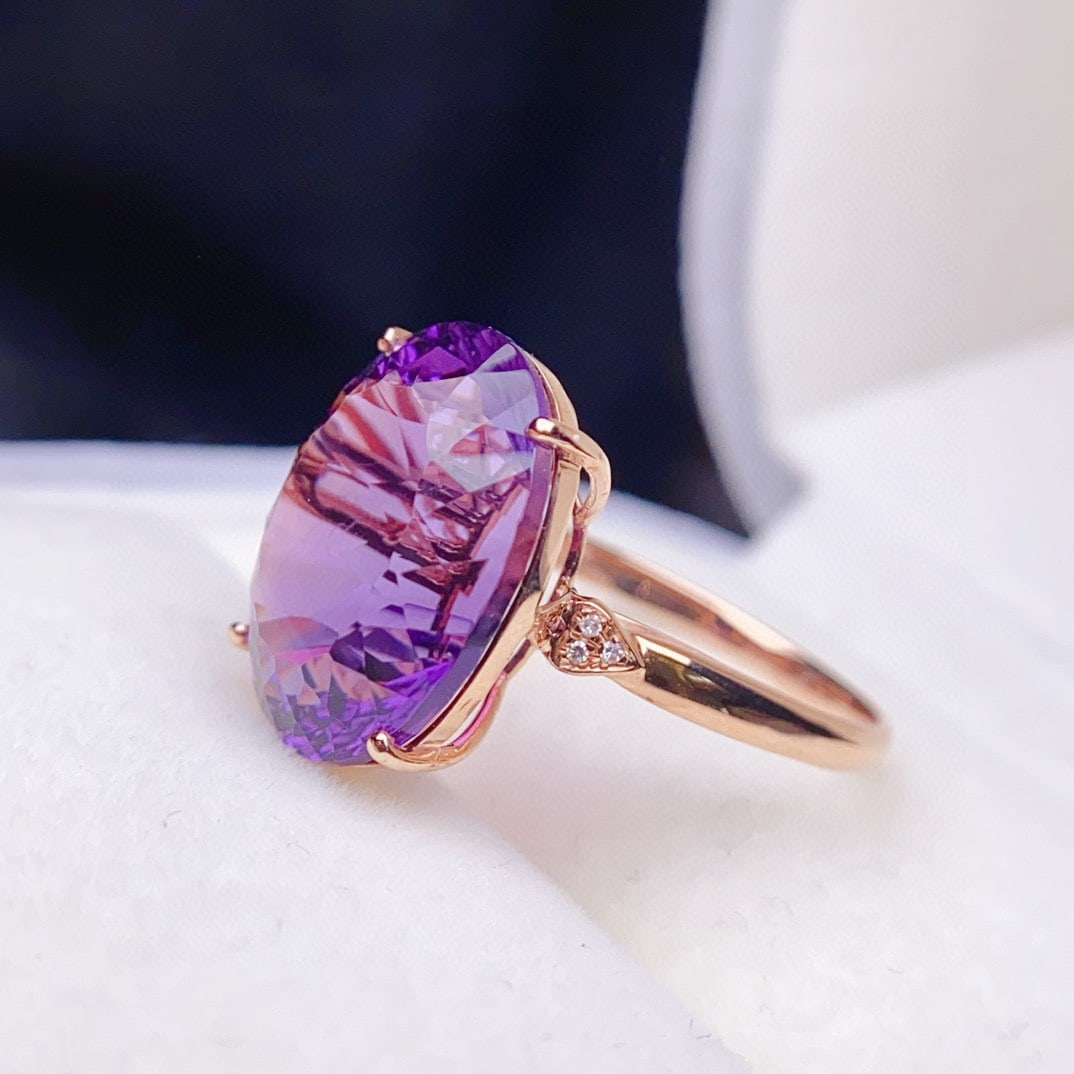 14k Gold 8.87 Ctw Natural Amethyst & Diamond Ring - 4