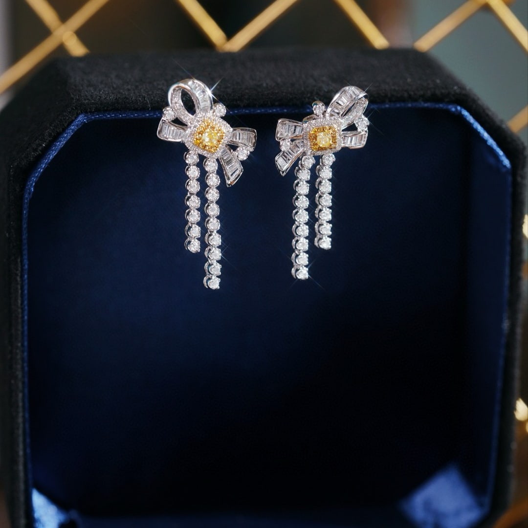 14k Gold 0.86 Ctw Natural Yellow Diamond & Diamond Earrings: Ref:230985129 // gold content:14k gold // main gemstone:yellow diamond // shape:cushion // carat weight:0. 16ct // color:yellow // treatment:natural // // adjacent gemstone 2 : diamond //