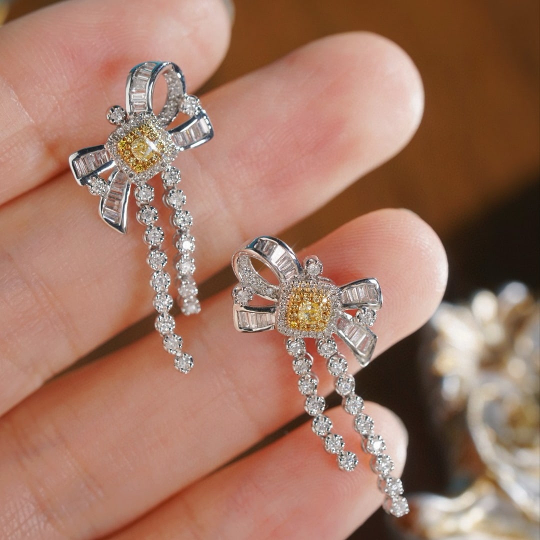14k Gold 0.86 Ctw Natural Yellow Diamond & Diamond Earrings - 2
