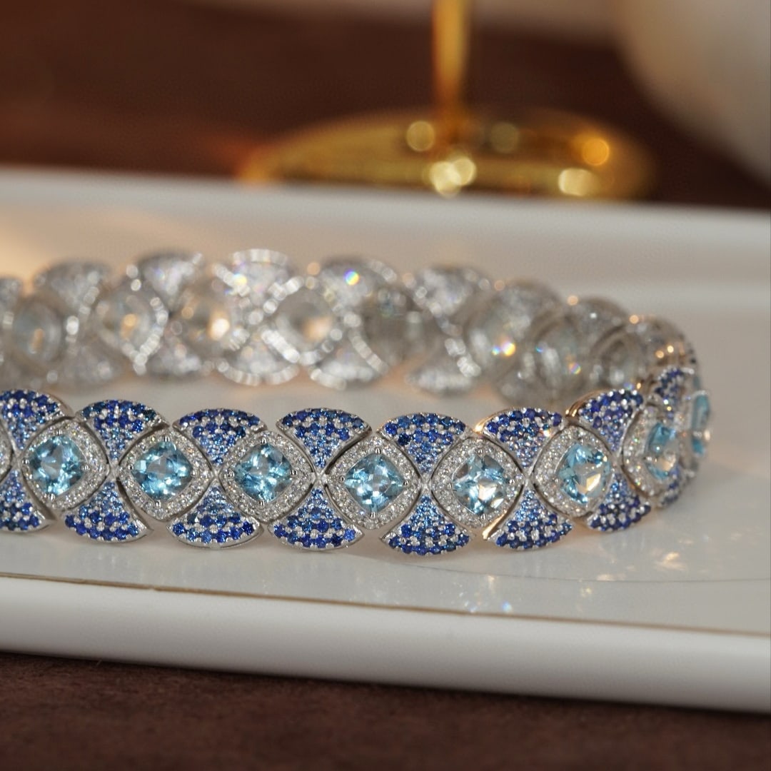 14k Gold 9.6 Ctw Natural Aquamarine & Sapphire Bracelet - 2