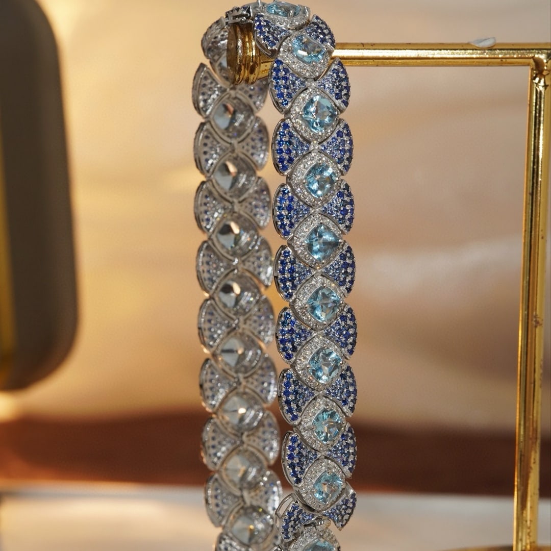 14k Gold 9.6 Ctw Natural Aquamarine & Sapphire Bracelet - 4