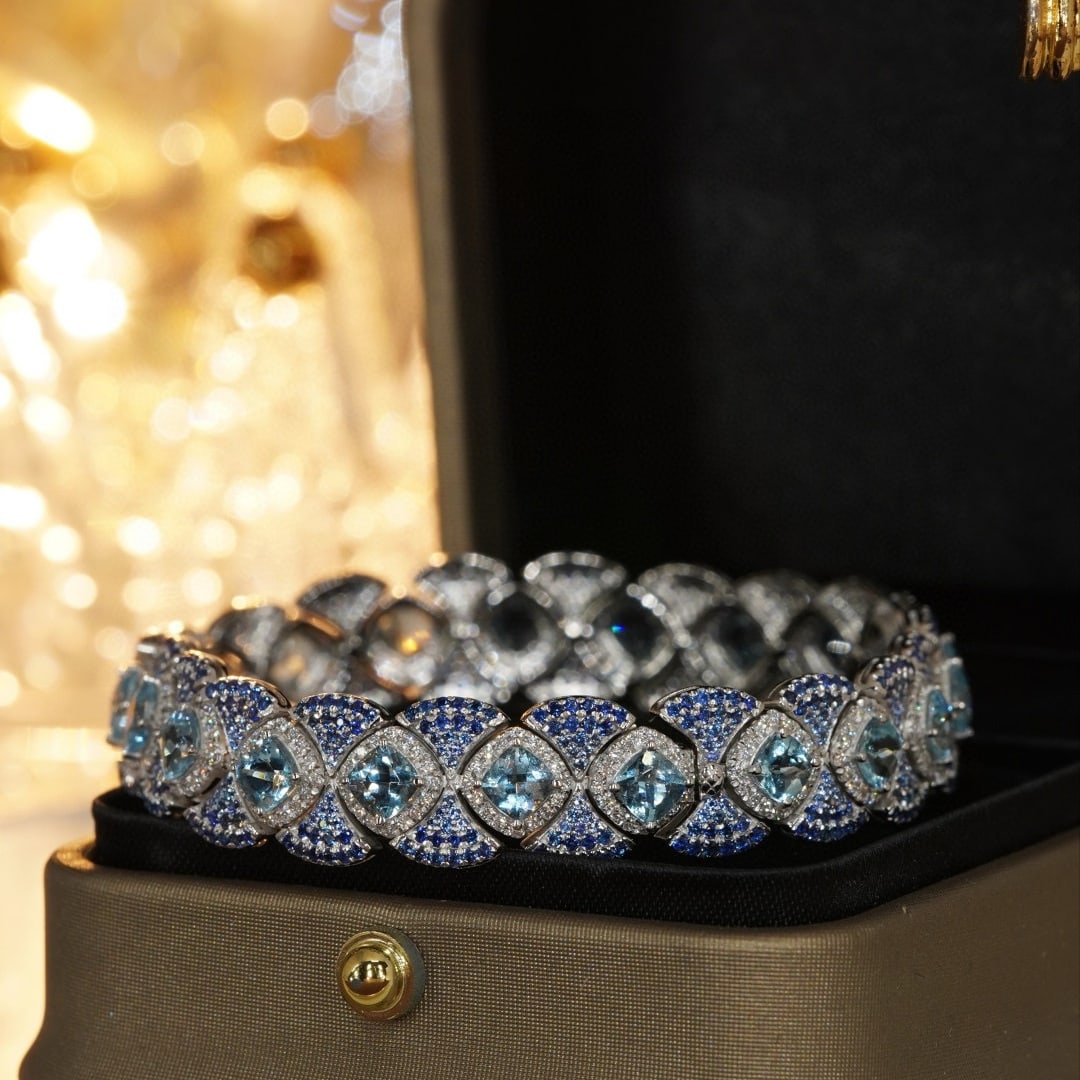 14k Gold 9.6 Ctw Natural Aquamarine & Sapphire Bracelet - 5