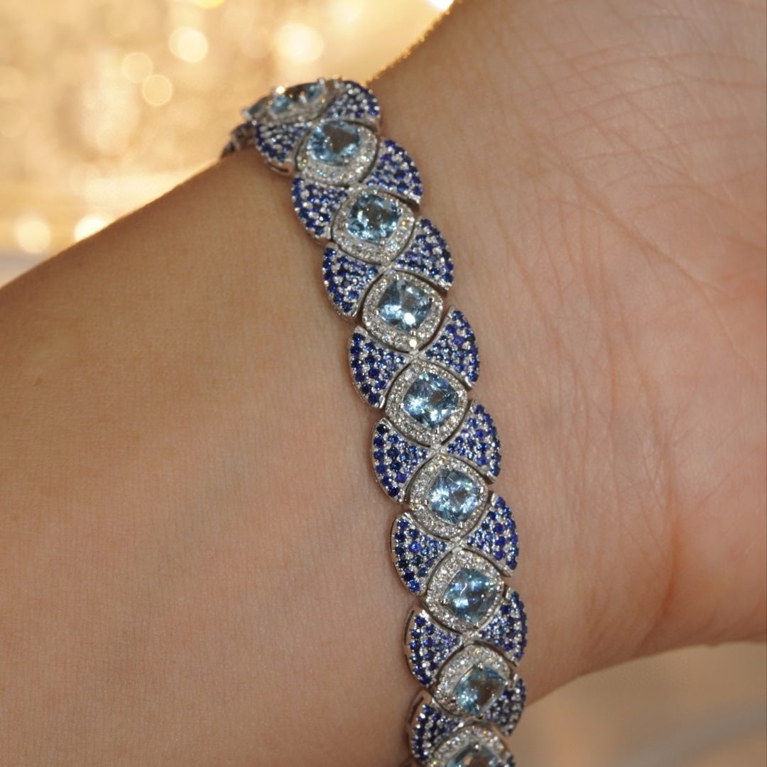 14k Gold 9.6 Ctw Natural Aquamarine & Sapphire Bracelet - 7