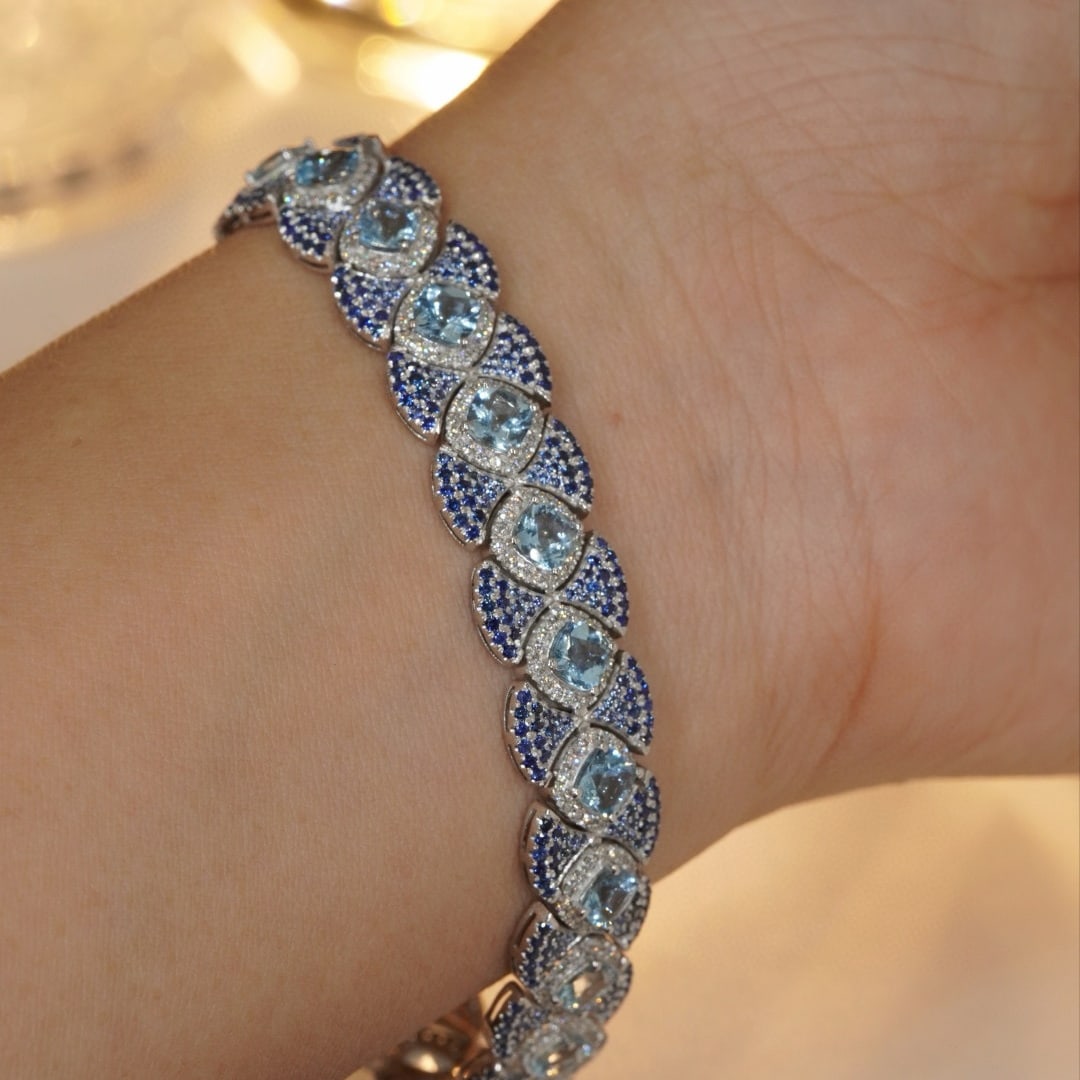 14k Gold 9.6 Ctw Natural Aquamarine & Sapphire Bracelet - 8