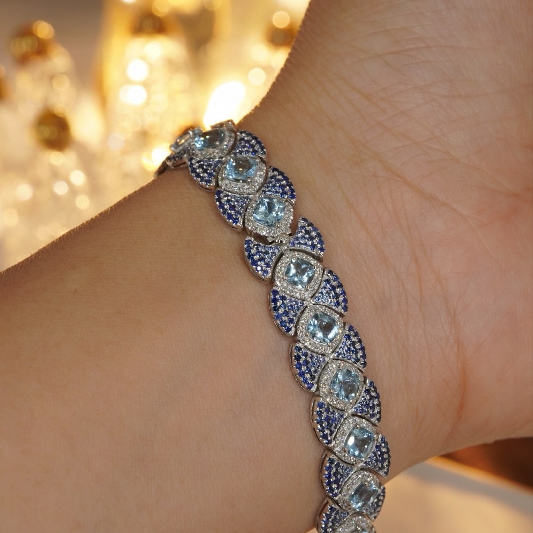 14k Gold 9.6 Ctw Natural Aquamarine & Sapphire Bracelet - 9