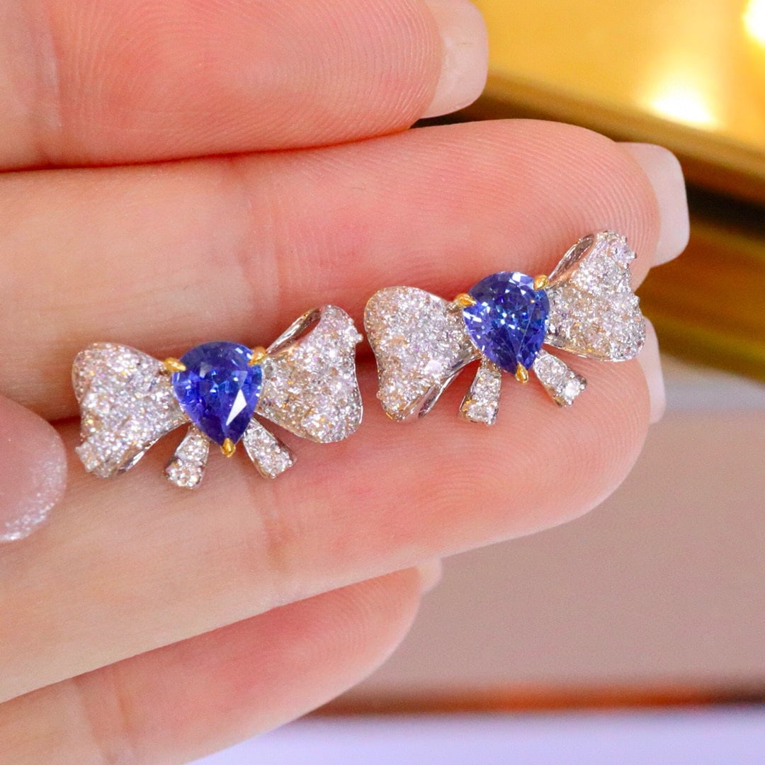 14k Gold 1.88 Ctw Natural Sapphire & Diamond Earrings - 3