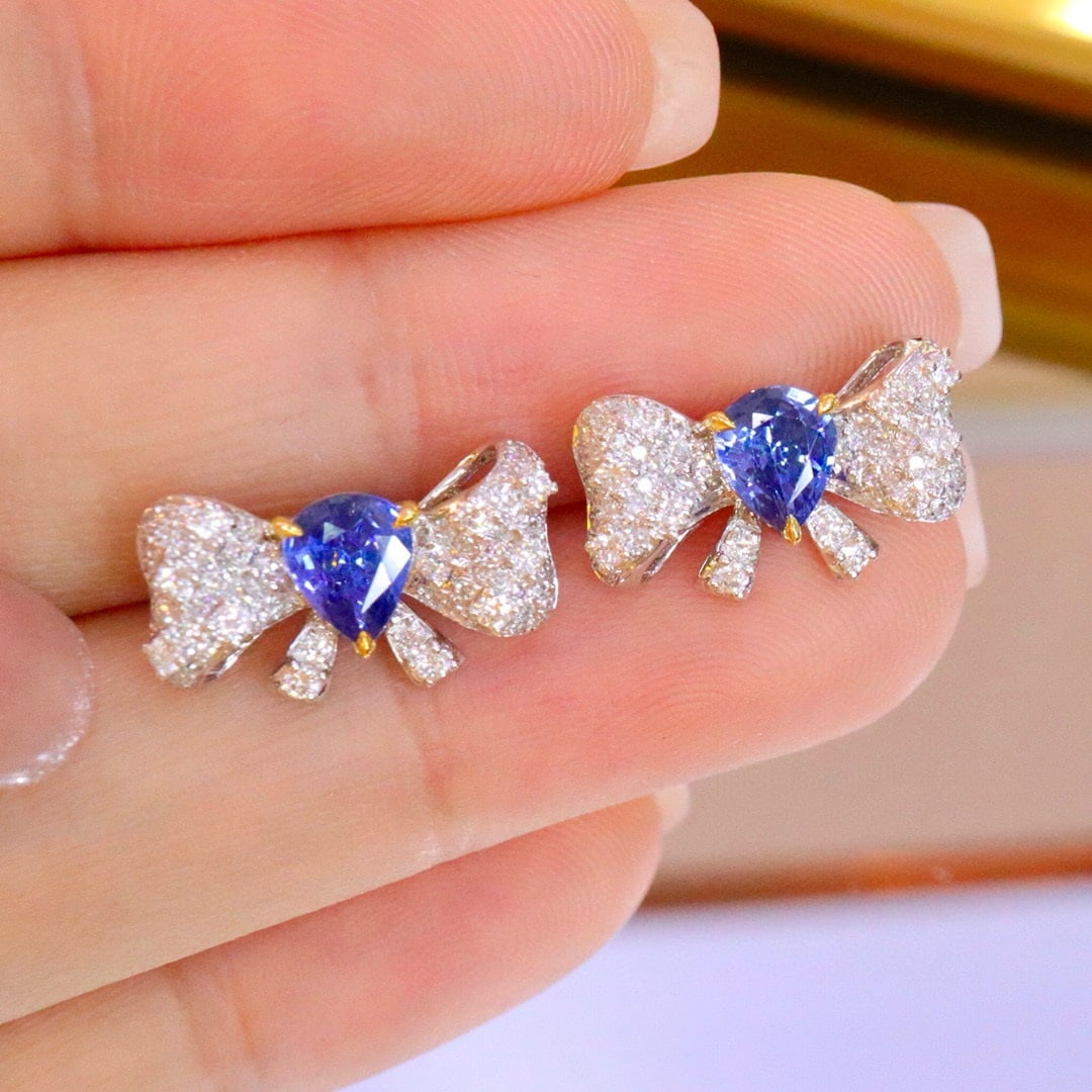 14k Gold 1.88 Ctw Natural Sapphire & Diamond Earrings - 4