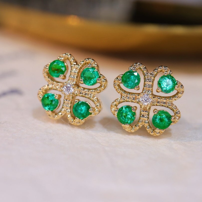 14k Gold 0.58 Ct Natural Emerald & Diamond Earrings - 2