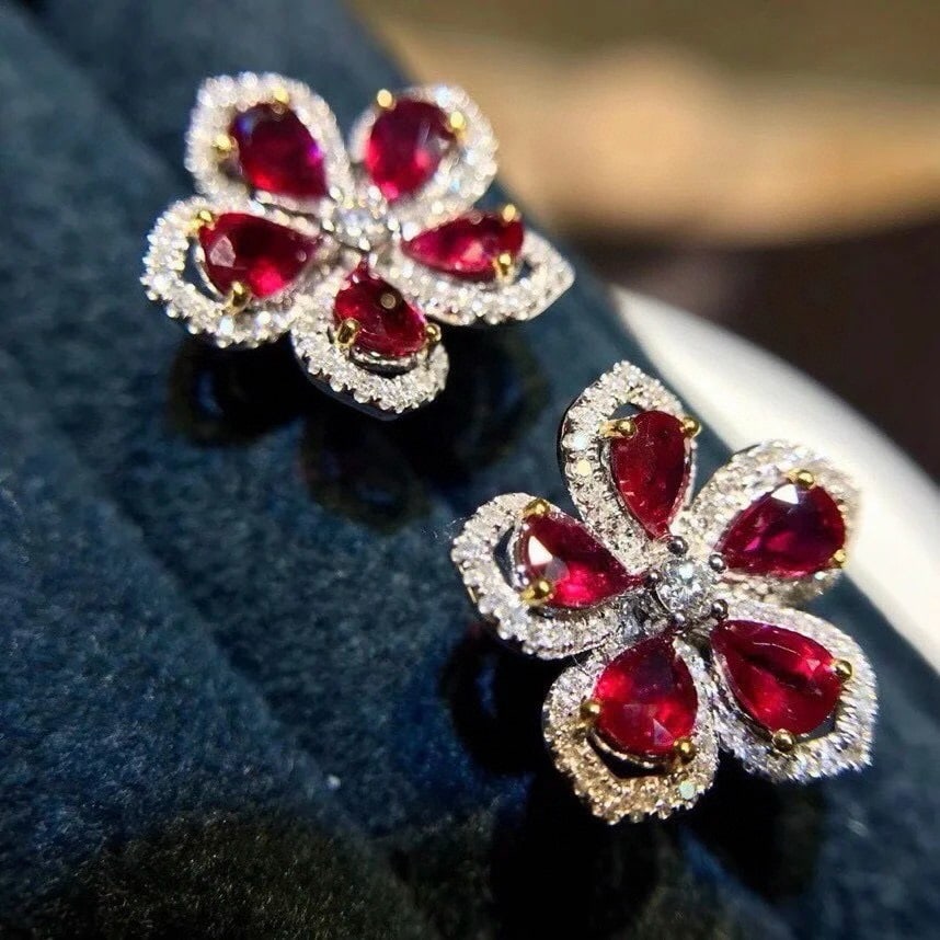 14k Gold 2.1 Ctw Natural Ruby & Diamond Earrings - 4