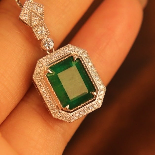 14k Gold 6.56 Ctw Natural Emerald & Diamond Pendant( Without Chain ) - 6