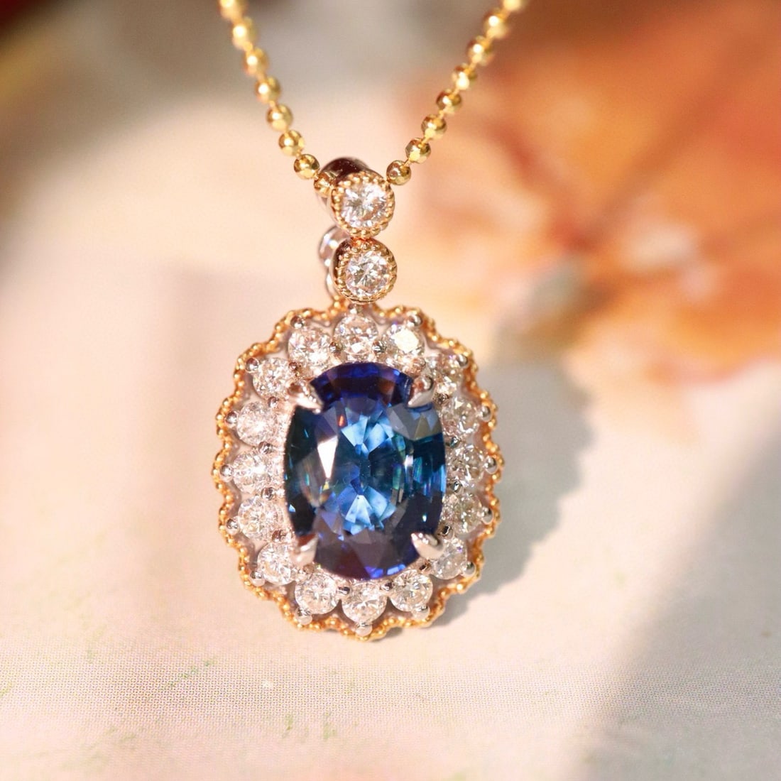 14k Gold 2.85 Ctw Natural Sapphire & Diamond Pendant( Without Chain ): Ref:230985173 // gold content:14k gold // main gemstone:sapphire // shape:oval // carat weight:2. 29ct // color:blue // treatment:natural // // adjacent gemstone 2 : diamond // shape:round // carat