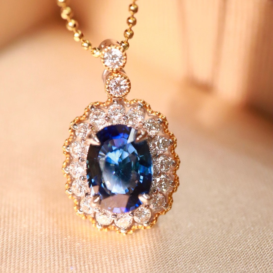 14k Gold 2.85 Ctw Natural Sapphire & Diamond Pendant( Without Chain ) - 2
