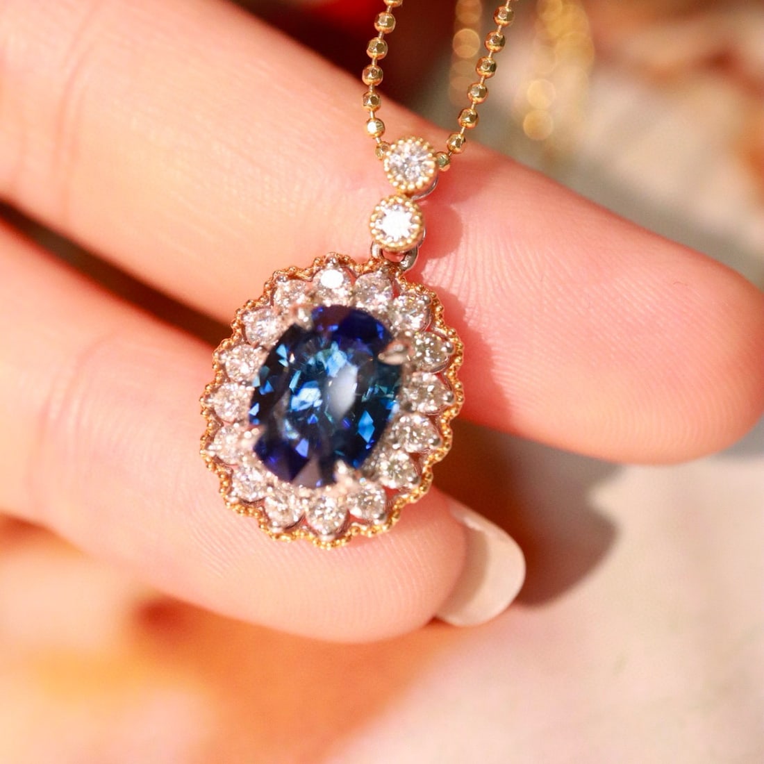 14k Gold 2.85 Ctw Natural Sapphire & Diamond Pendant( Without Chain ) - 3
